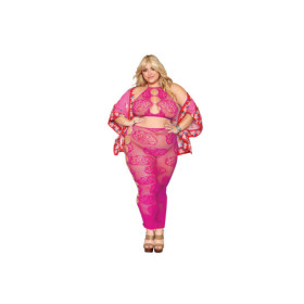 Ensemble Soutien-gorge et jupe longue en filet rose, grande taille 